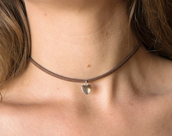 Western Necklace-Dainty Silver Heart Charm Choker-Simple Everyday Choker-Minimalist Necklace-Vegan Leather Choker-Adjustable Choker Necklace