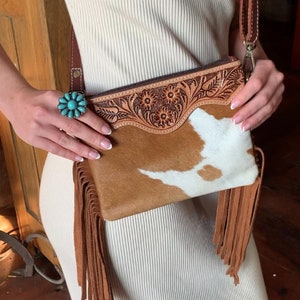 THE CODY-Womens Cowhide Crossbody Bag-Tooled Western Leather Bags-Small Shoulder Bag-Cowgirl Leather Clutch-Hair On Hide Fur Fringe Bag