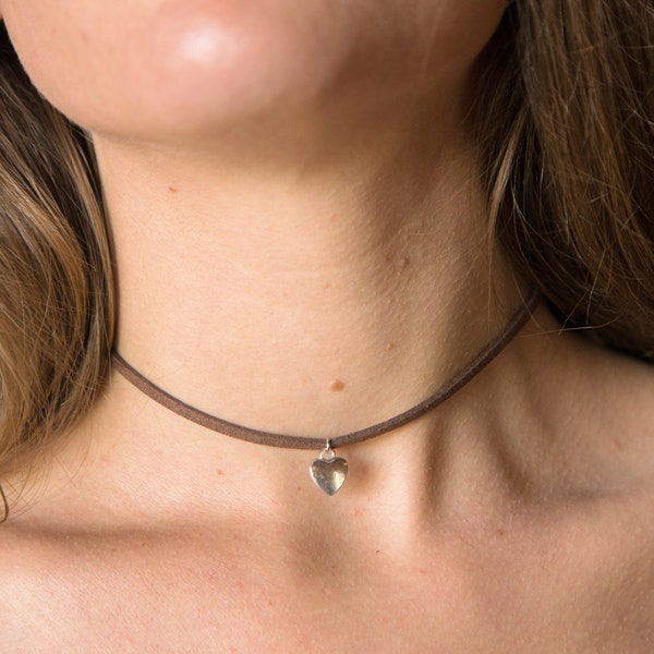 Western Necklace-Dainty Silver Heart Charm Choker-Simple Everyday Choker-Minimalist Necklace-Vegan Leather Choker-Adjustable Choker Necklace