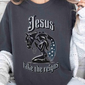 Jesus Take the Reins Shirt, Christian Cowgirl Tee, Comfort Colors® Faith Western Shirt Pepper Tee