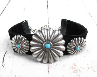Western Suede Leather Cuff Bracelet: Silver Concho, Howlite Turquoise