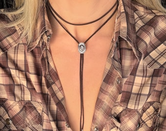 Minimal Cowboy Hat Double Layered Necklace–Dainty Cowgirl Hat Bolo Faux Leather-Western Bridesmaid Jewelry