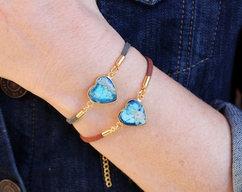 Turquoise & Blue Jasper Heart Charm Bracelet for Her: Gold Plated on Vegan Leather Cord