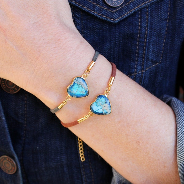Turquoise & Blue Jasper Heart Charm Bracelet for Her: Gold Plated on Vegan Leather Cord