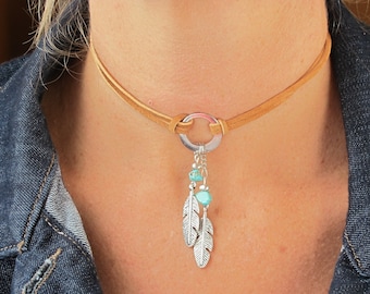 Boho Leather Choker: Silver Feather & Turquoise Cowgirl Necklace