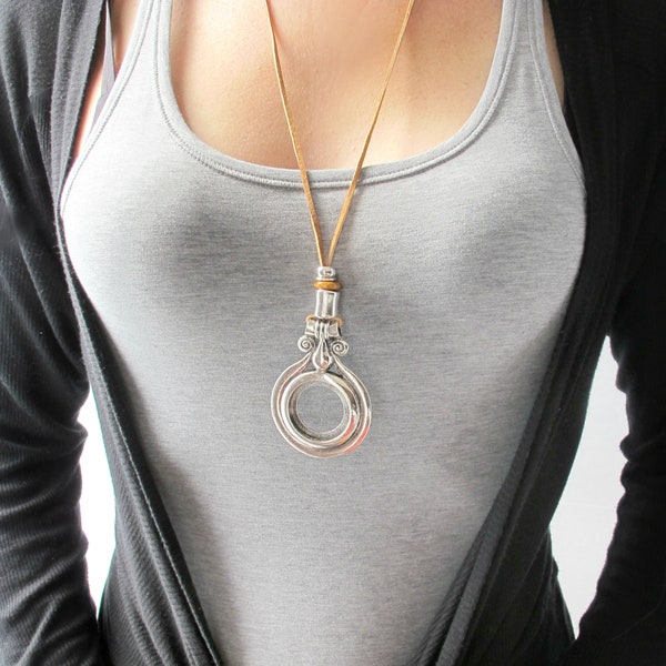 Long Pendant Necklace-Long Boho Necklace with Chunky Silver Circle Pendant-Bohemian Style Large Ring Pendant Necklace-Best Seller Necklace