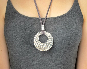 Large Round Silver Pendant Necklace-Long Necklaces for Women-Necklace with Hammered Silver Circle Pendant-Leather and Silver Necklace Women