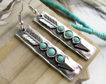 Boho Style Earrings-Stylish Silver Arrow Earrings-Western Cowgirl Earrings-Turquoise and Silver Earrings-Hypoallergenic-Light Weight-Rodeo