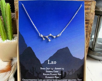 Sterling Silver Leo Constellation Necklace,  Silver & Cubic Zirconia Zodiac Pendant