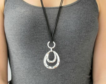 Boho Long Necklace: Silver Circle Pendant on Faux Leather Cord