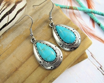 Western Turquoise Earrings Dangle-Boho Stamped Silver Earrings-Cowgirl Gifts-Western Earrings-Rodeo Earrings-NFR Fashion-Western Gifts