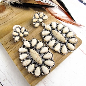 Western White Turquoise Earrings-White Buffalo Drop Earrings-Squash Blossom Earrings-Western Gifts for Her-Cowgirl Earrings-Rodeo Earrings