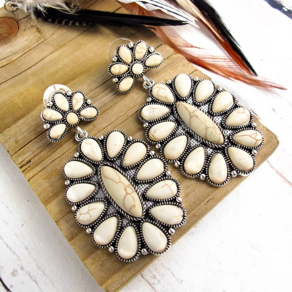 Western White Turquoise Earrings-White Buffalo Drop Earrings-Squash Blossom Earrings-Western Gifts for Her-Cowgirl Earrings-Rodeo Earrings