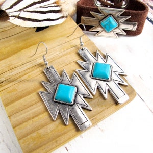 Western Turquoise Earrings-Rodeo Earrings-Cowgirl Gifts-Geometric Southwestern Earrings-Silver and Turquoise Dangle Earrings-Western Gifts