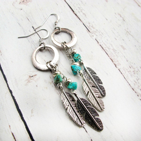 Turquoise Feather Dangle Earrings-Boho Gemstone Statement Earrings-Western Turquoise and Feather Drop Earrings-Cowgirl Gifts-Western Gifts