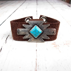 Chunky Turquoise & Silver Leather Bracelet-Western Cowgirl Statement Bracelet-Western Gifts for Her-Cowgirl Christmas Gift-Stocking Stuffers