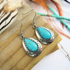 Western Turquoise Earrings Dangle-Boho Stamped Silver Earrings-Cowgirl Gifts-Western Earrings-Rodeo Earrings-NFR Fashion-Western Gifts