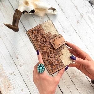 The BILLIE- Womens Tooled Leather Credit Card Wallet-Western Leather Clutch Wallet-Genuine Cowhide Hand Stitched Leather Wallet-Gift for Her