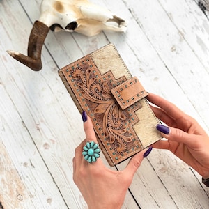 Billetera de cuero repujado para mujer, estilo western, de piel de vaca auténtica y cosida a mano, ideal como regalo.