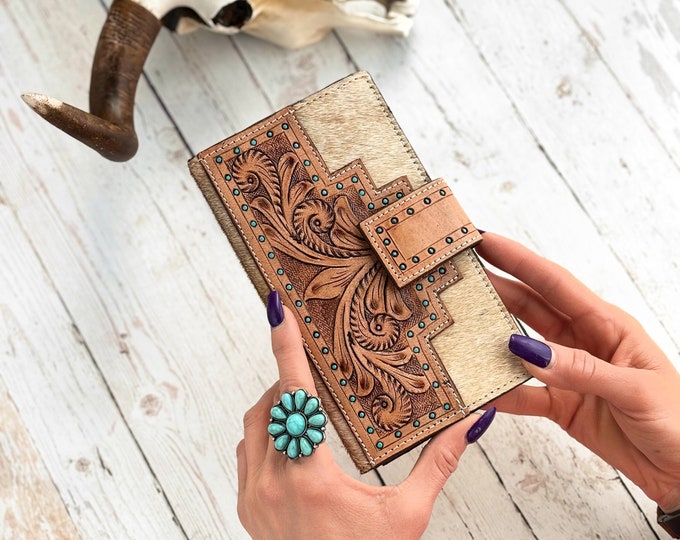 The BILLIE- Womens Tooled Leather Credit Card Wallet-Western Leather Clutch Wallet-Genuine Cowhide Hand Stitched Leather Wallet-Gift for Her