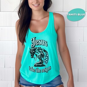 Jesus Take the Reins Shirt, Christian Cowgirl Tee, Comfort Colors® Faith Western Shirt Tahiti Blue Tank