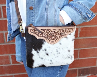 The CHEYENNE-Womens Western Leather Bags-Cowhide Crossbody Purse-Western Tooled Cowhide Clutch Leather Bag-Small Shoulder Bag-Cowgirl Gifts