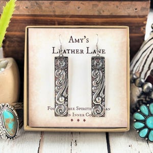Western Silver Bar Earrings-Cowgirl Earrings-Rodeo Earrings-Western Tooled Metal Earrings-Cowgirl Gifts-Western Gifts-Country Girl Earrings