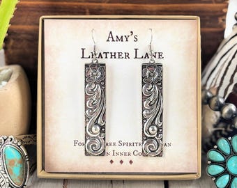 Western Silver Bar Earrings-Cowgirl Earrings-Rodeo Earrings-Western Tooled Metal Earrings-Cowgirl Gifts-Western Gifts-Country Girl Earrings
