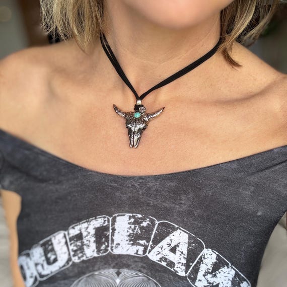 Cow Skull Necklace: Stainless Steel Pendant, Turquoise, Faux Suede Cord