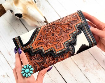 The ELLA-Western Tooled Leather Wallet-Women’s Leather Clutch-Large Genuine Cowhide Hand Stitched Leather Wallet-Gift for Her-Cowgirl Wallet