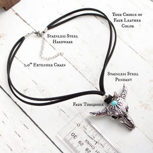 Cow Skull Necklace: Stainless Steel Pendant, Turquoise, Faux Suede Cord image 3