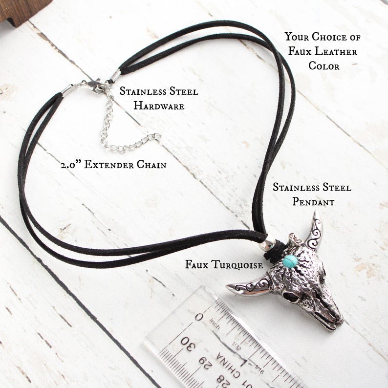 Cow Skull Necklace: Stainless Steel Pendant, Turquoise, Faux Suede Cord image 3