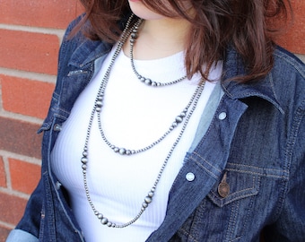 Faux Navajo Pearl Necklace Set-Western Silver Desert Pearls | Cowgirl Multi Strand Necklace