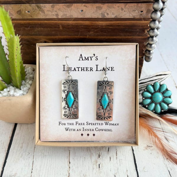 Western Silver Bar Earrings-Stamped Silver Alloy & Faux Turquoise Stone Earrings-Tooled Metal Earrings-Cowgirl Gifts-Western Earrings