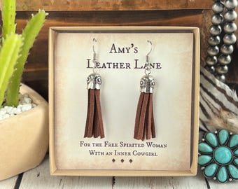 Faux Leather Tassel Earrings | Western Boho Cowgirl Jewelry | Handmade Dangle Earrings | Stainless Steel Hooks