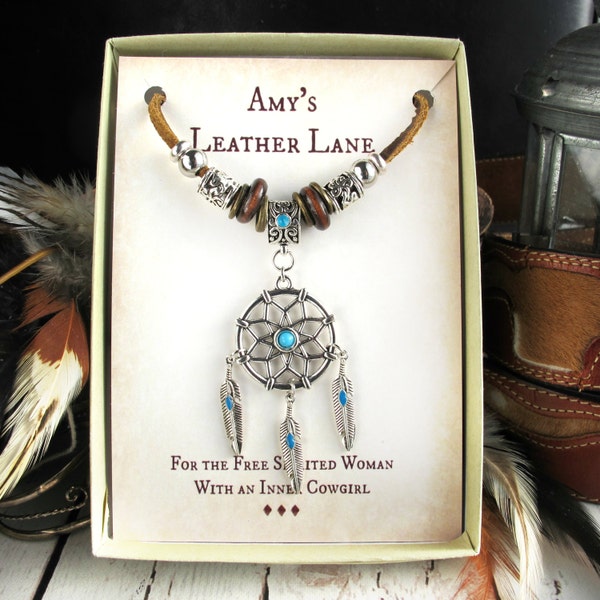 Western Necklace-Long Leather Necklace with Dreamcatcher Pendant-Bohemian Style Beaded Necklace-Boho Western Gifts-Cowgirl Gifts-Festival