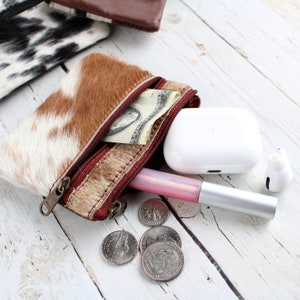 Genuine Cowhide Leather Coin Purse-Western Hair on Hide Double Zipper Coin Pouch-Mini Leather Wallet-Credit Card Holder Wallet-Western Gifts