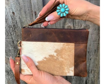 THE LARAMIE-Western Cowhide Leather Bag Wristlet-Small Hand Stitched Leather Wallet-Leather Clutch Purse-Cowgirl Gifts-Zipper Leather Pouch