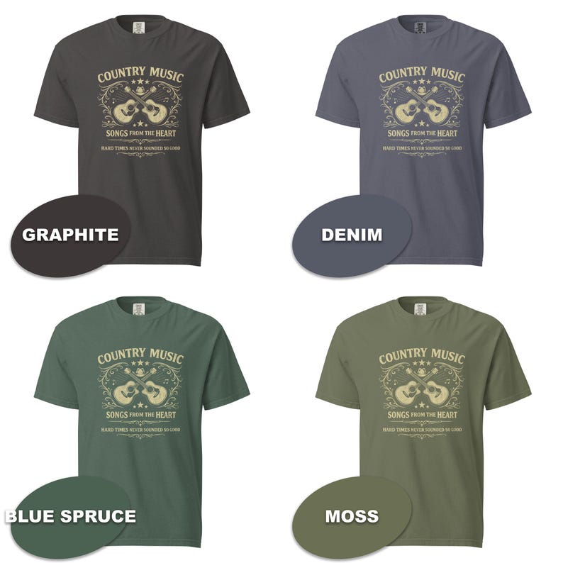 May include: Four short-sleeved t-shirts in graphite, denim, blue spruce, and moss colors. Each shirt features the text "COUNTRY MUSIC" above a guitar graphic and the text "SONGS FROM THE HEART".