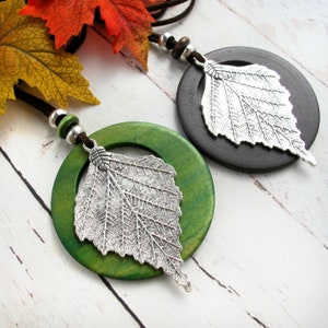 Wood Jewelry Necklace-Vegan Leather Necklace-Long Fall Necklace-Earthly Wood Necklace-Leaf Jewelry-Cottage Core Necklace-Unique Gift for Her