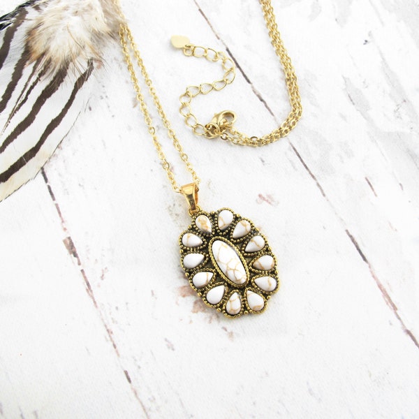 White Squash Blossom Pendant-Western Turquoise Necklace-Rodeo Necklace-Cowgirl Necklace-Boho Hippie Flower Pendant-Boho Necklace Pendant