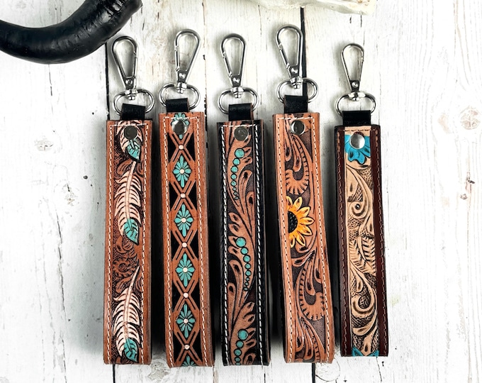 Western Tooled Leather Keychain Wristlet: Wrist Lanyard | Cowgirl Key Fob