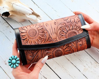 The JESSIE 2-Women&#39;s Western Tooled Leather Wallet-Western Leather Clutch-Large Genuine Leather Wallet-Cowgirl Wallet Gifts-Cow Skull Wallet