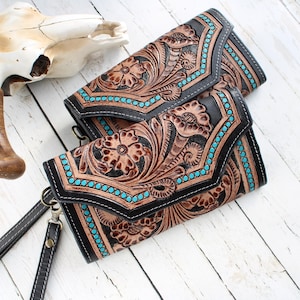 THE BETH-Western Black Tooled Leather Wallet with Wristlet-Women’s Leather Clutch-Large Genuine Leather Wallet-Western Gifts for Her-Cowgirl