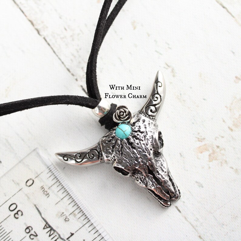 Cow Skull Necklace: Stainless Steel Pendant, Turquoise, Faux Suede Cord image 5