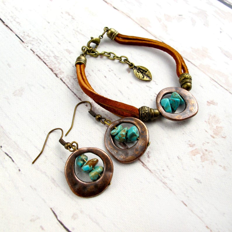 Western Turquoise Stone & Leather Bracelet Set-Boho Style Dangle Earrings-Western Earrings-Western Jewelry-Cowgirl Gifts-Rodeo Jewelry image 1