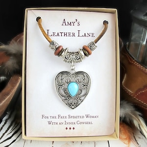 Western Silver & Turquoise Heart Necklace-Large Heart Necklace-Long Bohemian Necklace-Long Leather Necklace-Heart Jewelry-Western Gifts