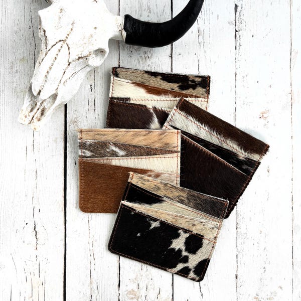 Cartera para tarjetas de crédito de piel de vaca • Bolsillo delgado de piel con pelo • Cartera minimalista estilo occidental