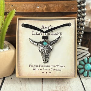 Cow Skull Necklace: Stainless Steel Pendant, Turquoise, Faux Suede Cord image 2
