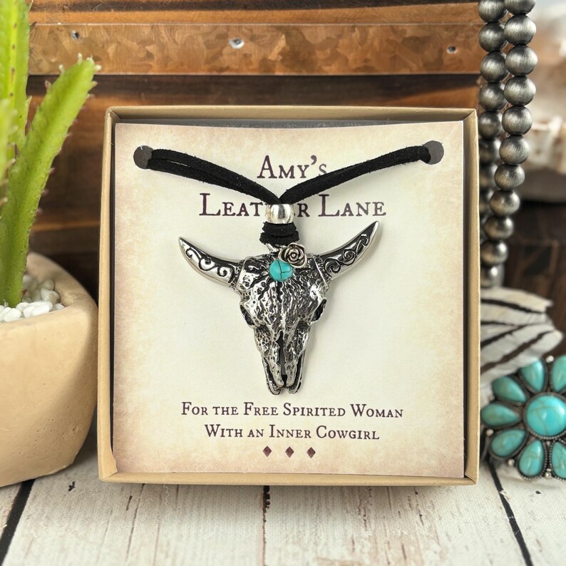 Cow Skull Necklace: Stainless Steel Pendant, Turquoise, Faux Suede Cord image 2